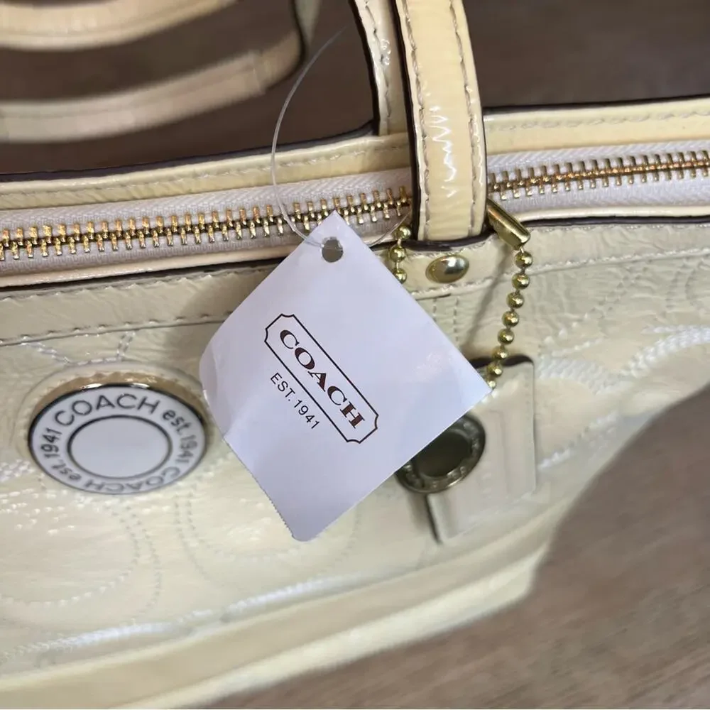 NWT Coach Signature Patent Leather Stitched Stripe Small Tote Butter Cream
